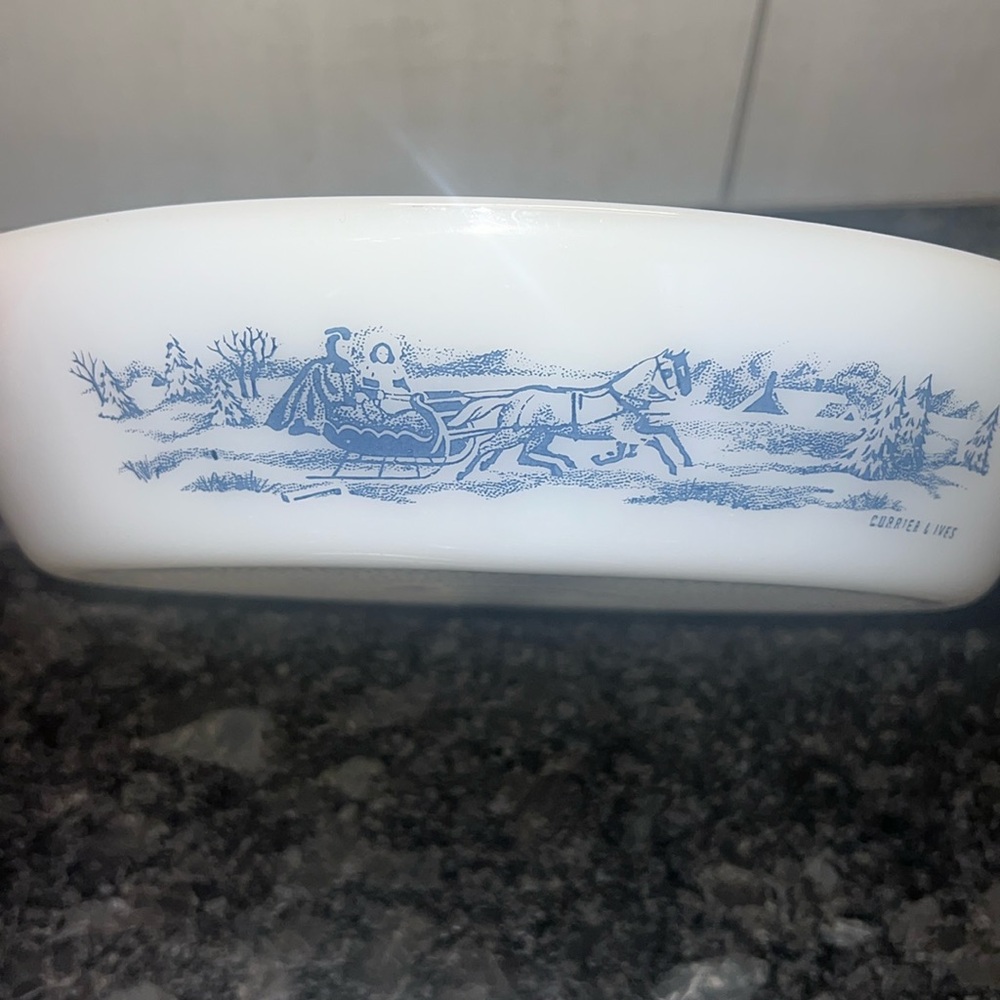 Currier & Ives divided milk glass casserole dish by Glassbake. Made in USA.